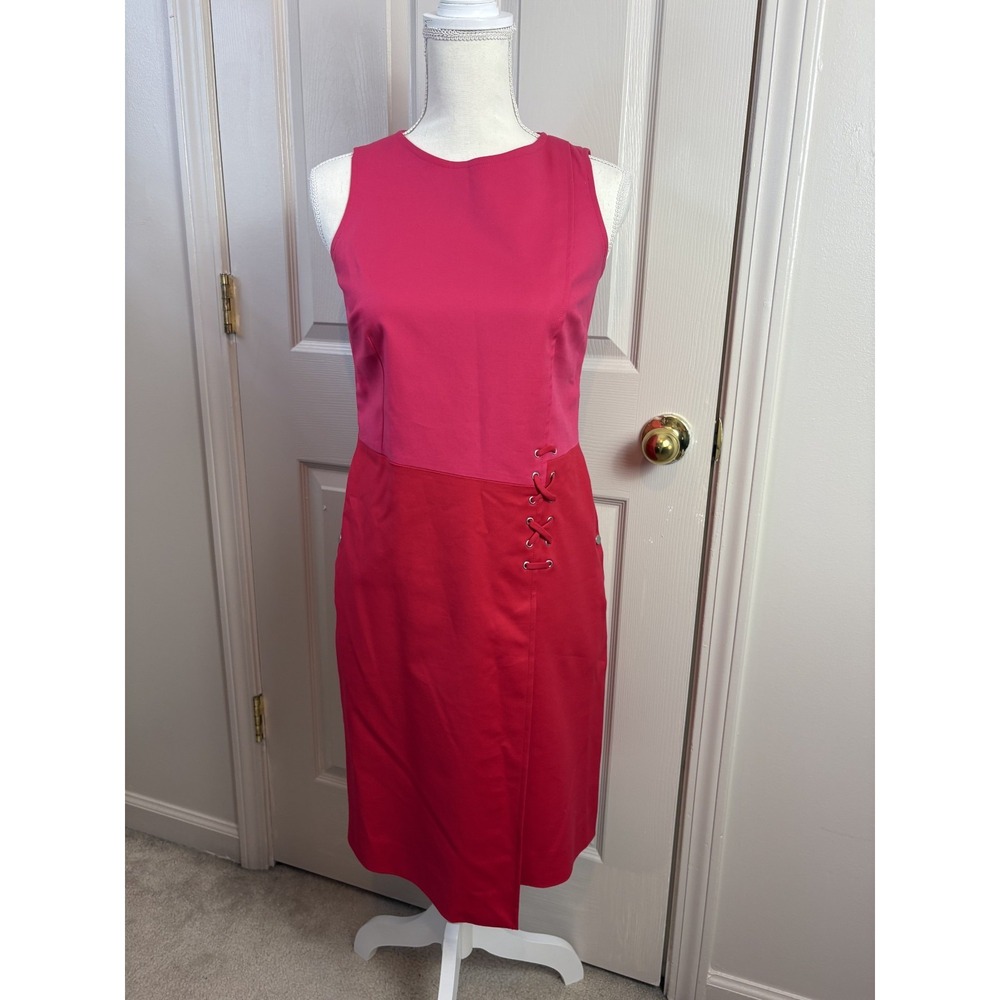 Etcetera Sheath Dress Womens 2 Pink Red Excellent Colorblock Lace Up Sleeveless